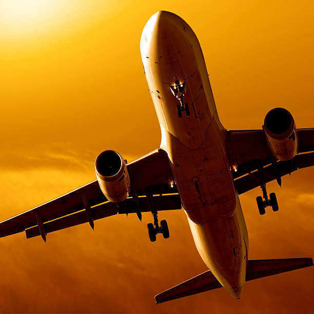 istock jet airplane landing at sunset 172887072