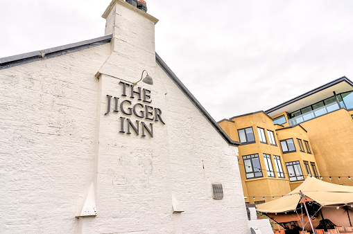 St Andrews, Scotland - September 22, 2023: Exteriors of the historic Jigger Inn restaurant on the Old Course, a public course in St Andrews Scotland