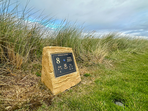 St Andrews, Scotland - September 22, 2023: Signage for the 8th Hole at the Jubilee Golf Course, a public course in St Andrews Scotland
