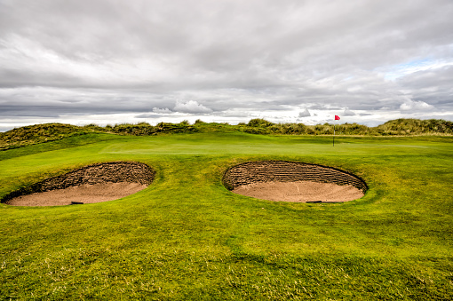 St Andrews, Scotland - September 22, 2023: The challenging sand traps on the Jubilee Golf Course, a public course in St Andrews Scotland