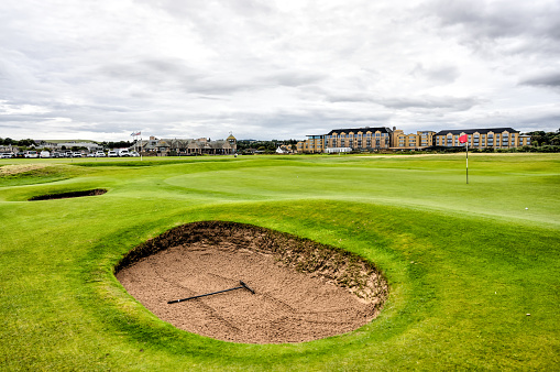 St Andrews, Scotland - September 22, 2023: The challenging sand traps on the Jubilee Golf Course, a public course in St Andrews Scotland