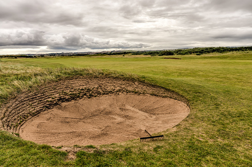 St Andrews, Scotland - September 22, 2023: The challenging sand traps on the Jubilee Golf Course, a public course in St Andrews Scotland