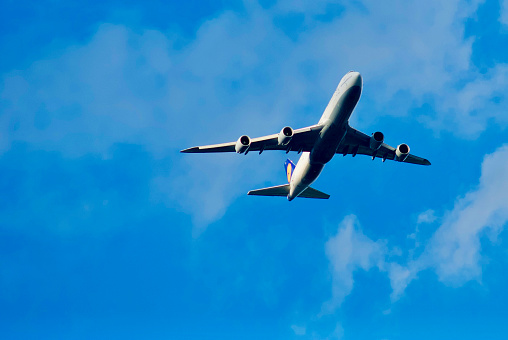 Fairfax, Virginia, USA - October 10, 2023: Lufthansa Airlines flight #LH418, a Boeing 747-830 jumbo jet, approaches Washington Dulles International Airport (IAD) following a transatlantic flight from Frankfurt, Germany (FRA).