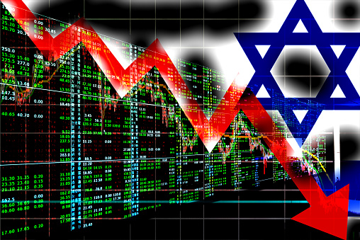Israeli flag with stock market monitor. Collapse or crisis with big red arrow on background. Repeated exposure. Can be used as background or base map