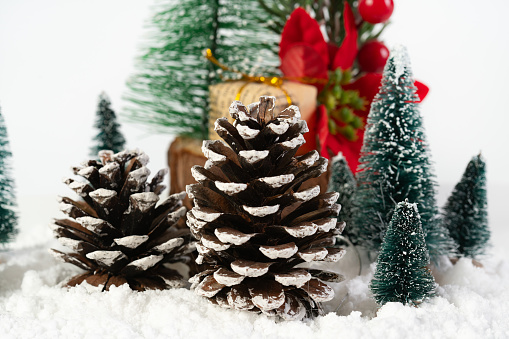 Little Christmas toy balls hanging on a snow-covered tree branch