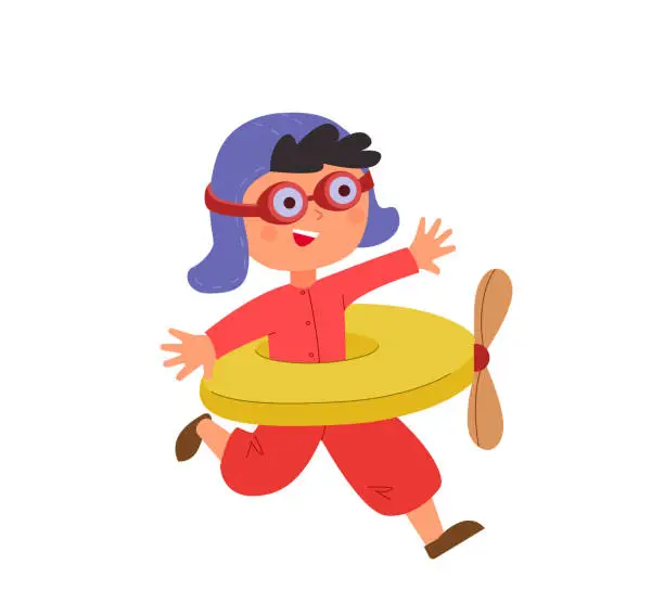 Vector illustration of Happy boy playing in pilot costume wearing a helmet and aviator glasses. A child flies a handmade airplane from swimming ring