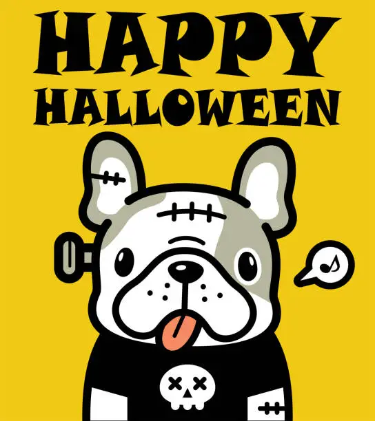 Vector illustration of Cute Halloween character design of a zombie French bulldog