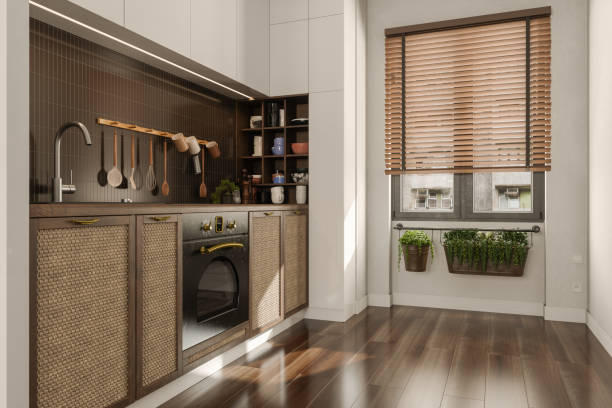 istock Japanese Style Kitchen With Brown Cabinets And Plants 1728920139