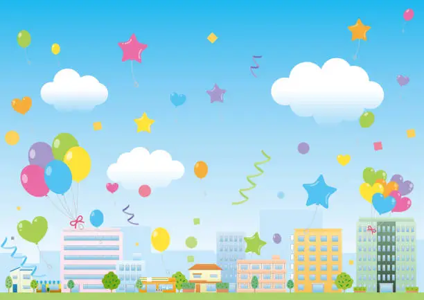 Vector illustration of Lively cityscape with balloons flying in the blue sky