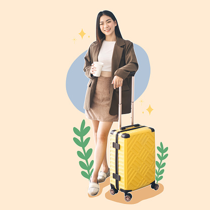 People lifestyle in collage contemporary art style. Freelance young adult asian woman standing with yellow travel luggage and coffee cup for business trip.