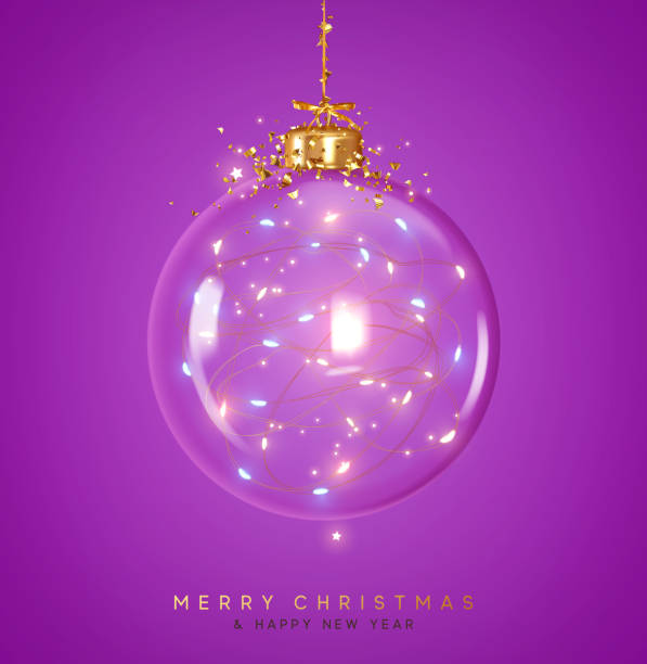 ilustrações de stock, clip art, desenhos animados e ícones de christmas ornaments glass transparent balls. christmas glassballs inside bright light garlands, hanging on gold ribbon, shiny gold glitter confetti. festive decoration objects. vector illustration - backgrounds transparent circle purple