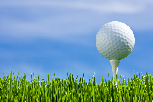 Golf ball in the grass against a soft somewhat cloudy and blue sky.You might also like:
