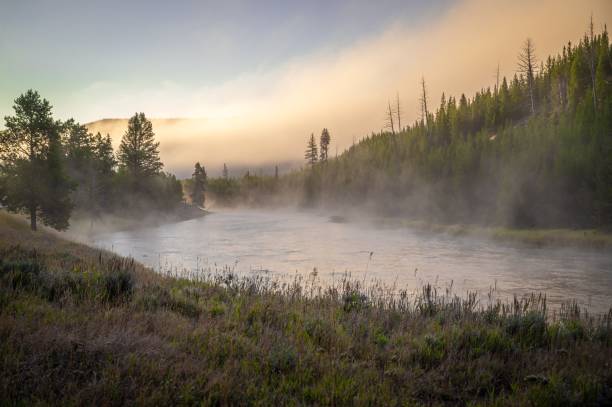 istock Idyllic landscape featuring a Madison River winding through a misty hillside during a sunset 1728950143