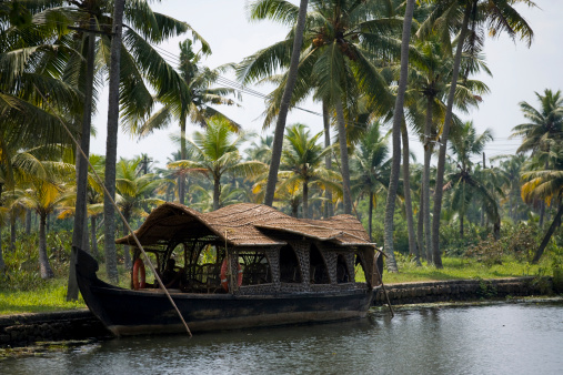 This is a moored house boat that is traditional to Kerala in South India.