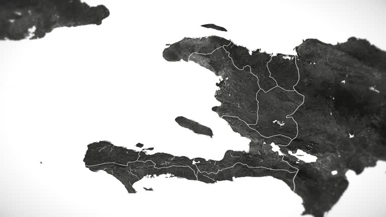 Zoom in on monochrome map of Haiti, 4K, high quality, dark theme, simple world map, monochrome style, night, highlighted country and cities, satellite and aerial view of provinces, state, city,