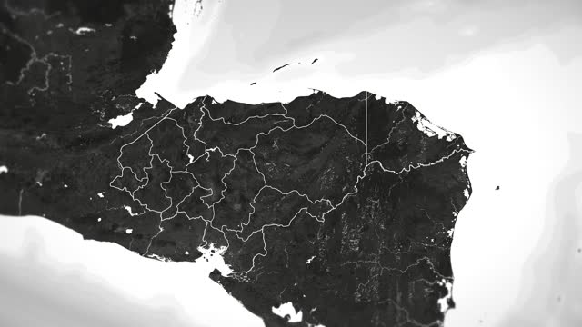 Zoom in on monochrome map of Honduras, 4K, high quality, dark theme, simple world map, monochrome style, night, highlighted country and cities, satellite and aerial view of provinces, state, city,