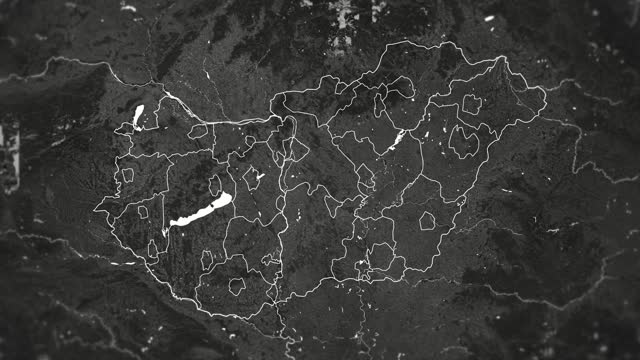 Zoom in on monochrome map of Hungary, 4K, high quality, dark theme, simple world map, monochrome style, night, highlighted country and cities, satellite and aerial view of provinces, state, city,