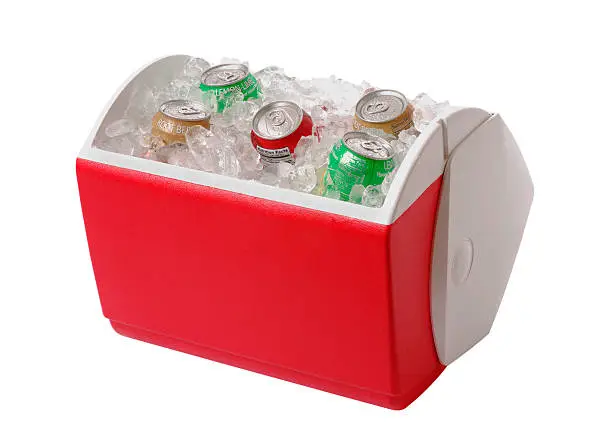 Photo of Red and white cooler containing ice and five cans of soda