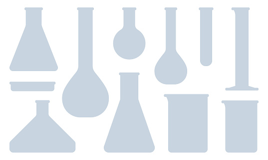 Set of vector silhouettes of lab glassware: volumetric flask, Erlenmeyer flask, round-bottom flask, Fernbach flask, Petri dish, test tube, graduated cylinder, and beaker.