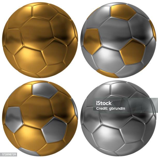 Bolas De Futebol 3d - Fotografias de stock e mais imagens de Bola de Futebol - Bola de Futebol, Cor prateada, Dourado - Cores