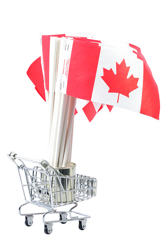 Canadian commerce concept with shopping cart and Canadian flags.
