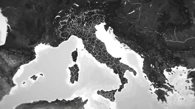 Zoom in on monochrome map of Italy, 4K, high quality, dark theme, simple world map, monochrome style, night, highlighted country and cities, satellite and aerial view of provinces, state, city,