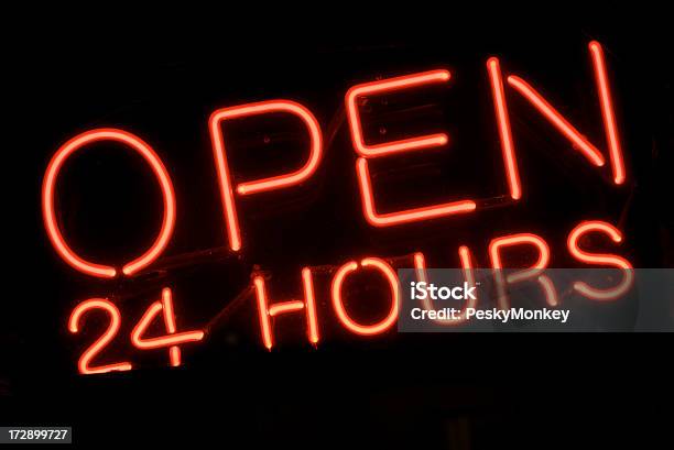 Rund Um Die Uhr Geöffnet Und Roter Neon Sign Stockfoto und mehr Bilder von Durchgehend Geöffnet - Durchgehend Geöffnet, Neon, Schild