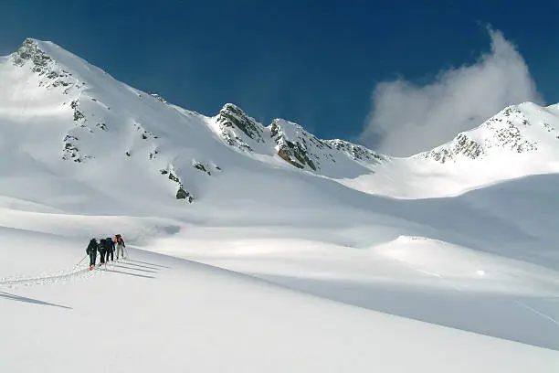 Group of people backcountry ski touring in Rogers Pass area in the Canadian Rockies.