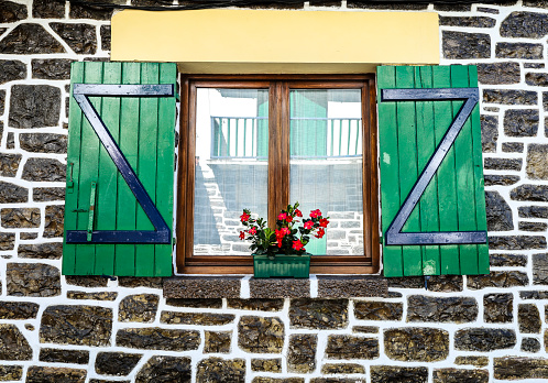 Wooden windows of Traditional basque houses in Hondarribia, a small town near French border