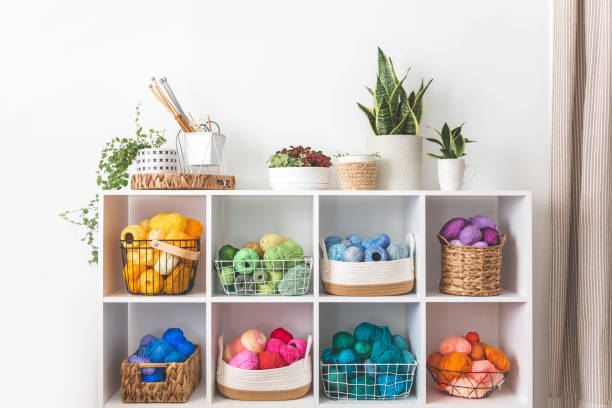 istock Yarn storage organization textile hobby supplies contemporary cupboard shelves 1729011225