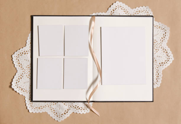 Open photo album with gold ribbon. You can fit in your own photos. Suitable for wedding album.