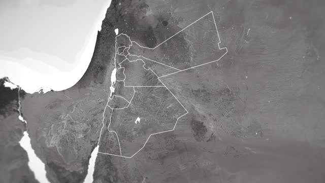Zoom in on monochrome map of Jordan, 4K, high quality, dark theme, simple world map, monochrome style, night, highlighted country and cities, satellite and aerial view of provinces, state, city,