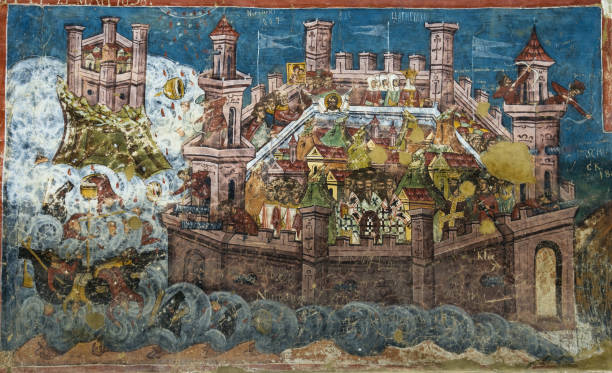 The siege of Constantinople "Mural (1547) depicting the siege of Constantinople by the Persians, which are represented in the guise of the contemporary Turks." medieval fresco stock pictures, royalty-free photos & images