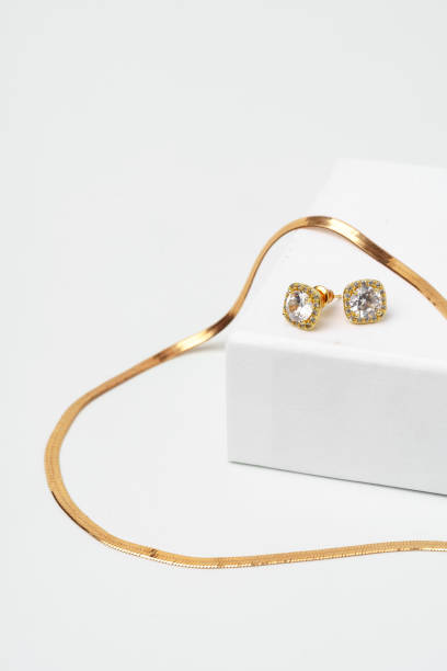 istock Golden diamond neacklace and earrings on white background 1729017077