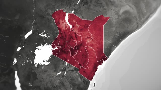Zoom in on monochrome map of Kenya, 4K, high quality, dark theme, simple world map, monochrome style, night, highlighted country and cities, satellite and aerial view of provinces, state, city,