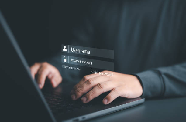 istock Cyber security awareness. Hand using laptop to log in account by entering username and password. Account identity to access cloud network application. Internet personal data privacy and protection. 1729017738