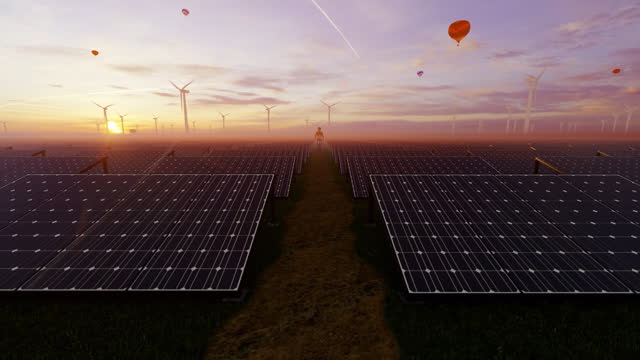 Maintenance Worker on Solar Panels Farm with Wind Turbines and Hot Air Balloons rising at sunrise, 4K