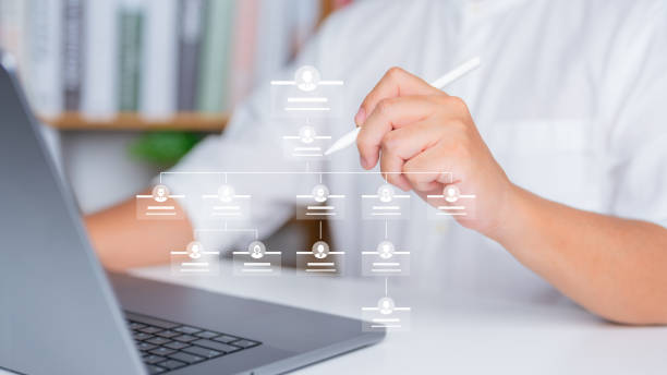 istock Businessman uses computer with an organization chart, mind map, or organigram on a virtual screen. HR Manager works on HR company structure tree diagram, resource leveling, and career path concepts. 1729017901