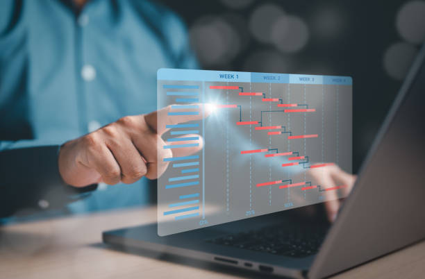 istock Project management with proceeding concept. Site engineer working with Gantt chart schedule to manage plan tasks and progress. Planning software. Corporate strategy for construction and operations. 1729017904