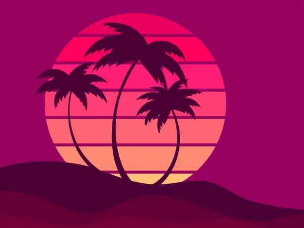 Vector illustration of Palm trees on a retro sunset background. Tropical palm trees against the backdrop of a futuristic sunset. Design for promotional products, banner and poster. Vector illustration