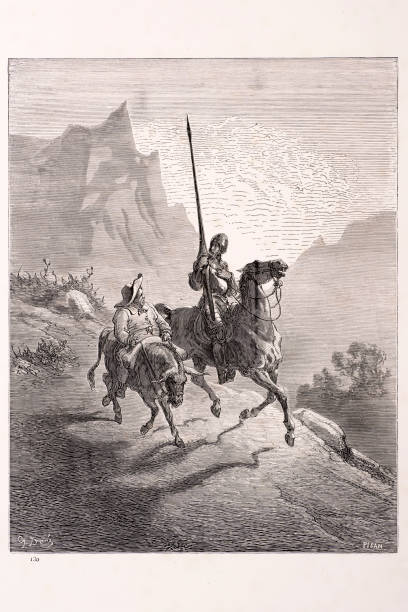 Don Quixote and Sancho setting out Don Quixote and Sancho setting out, a scene from Don Quixote of La Mancha. Engraving from 1870. Engraving by Gustave Dore, Photo by D Walker. don quixote stock illustrations