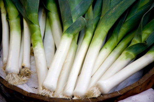 Young leeks for sale on a market stall.