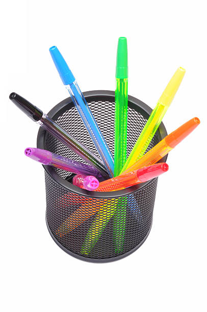 istock Colored pfluorescent ball point pens in the net box 172902212