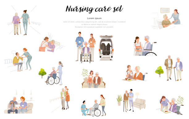 stockillustraties, clipart, cartoons en iconen met vector illustration material: nursing care, work, people set - ouderenzorg