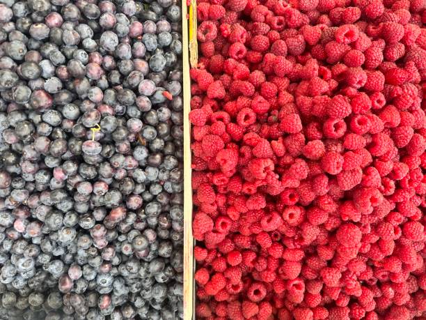istock Half ripe blueberries and half organic raspberries, view from above background. 1729039998