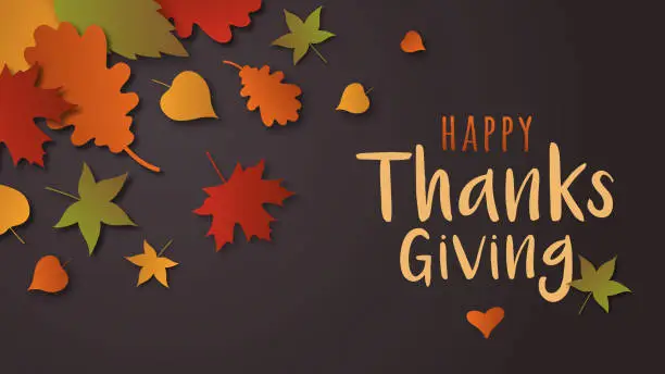 Vector illustration of Happy Thanksgiving card with leaves.