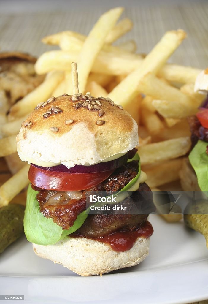 Small Burger closeup of Burger and fries Bread Stock Photo