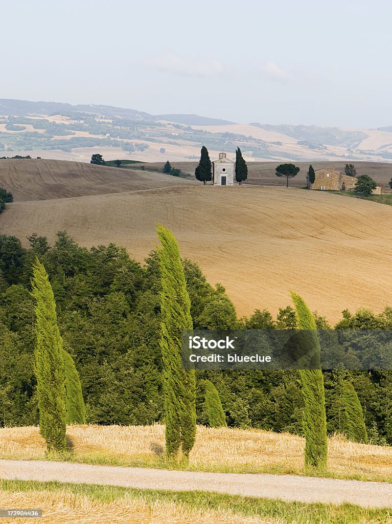 Tuscan Landscape Typical Tuscany landscape with cypress trees an a small church in the depth of field and under the moody summer overcast. Beauty Stock Photo