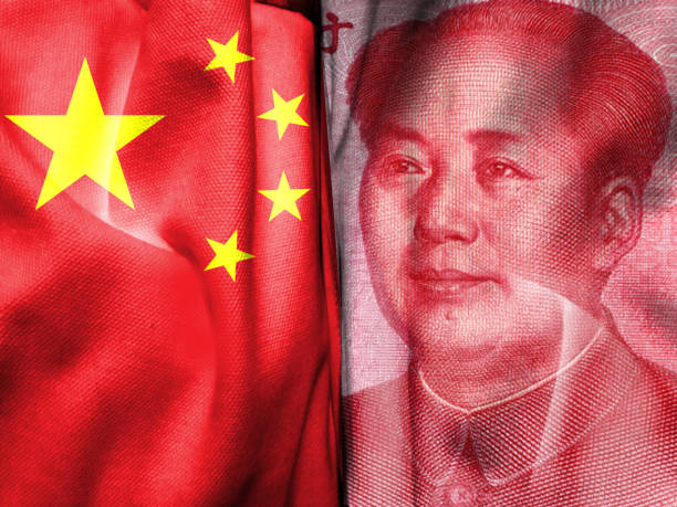 istock Chinese flag and Chinese currency made from fabric pattern. Concept map depicting China's currency devaluation and real estate bankruptcy. Basemap and background concept. double exposure hologram 1729060459