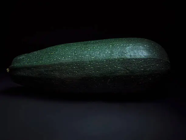 Close-up of a large dark-green zucchini on a dark background